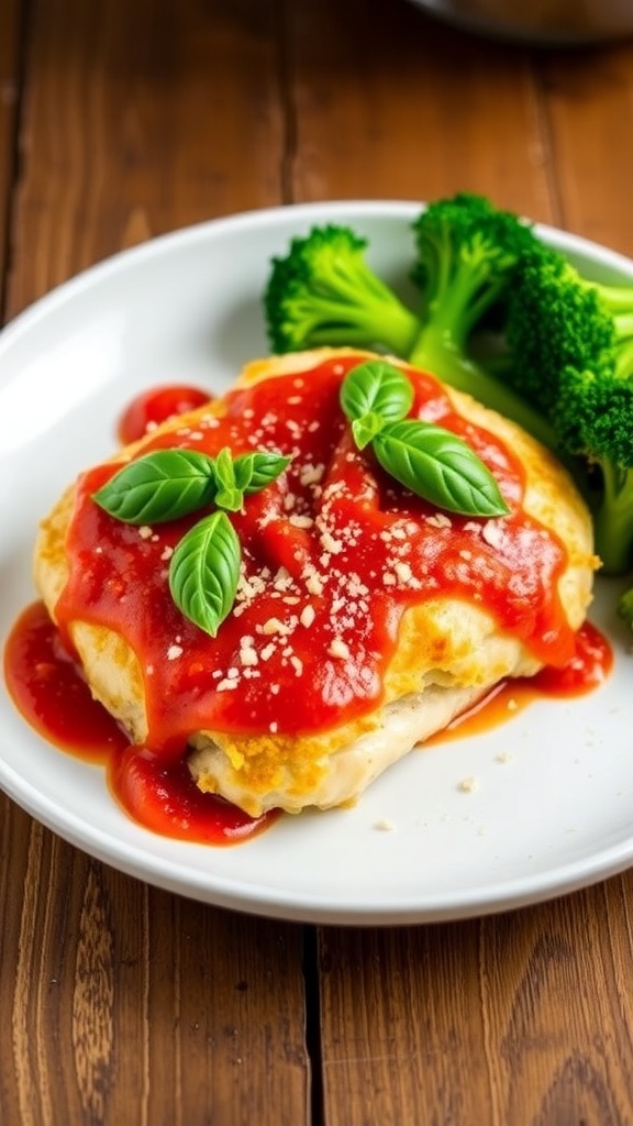 Whole30 Chicken Parmesan with marinara sauce and basil on a white plate, served with steamed broccoli.